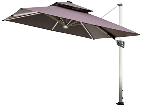 LOERSS 9,8 Fuß Solar-led-freischwinger-terrassenschirm, Quadratischer Freischwinger-terrassenschirm, 360-grad-drehung, Versetzter Marktschirm, Neigbar, Mit Lichtern, Außensonnenschutz(3m/9.8ft,咖)
