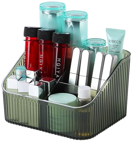 OSteed Green Makeup Organiser Box for Vanity, Makeup Brush Holder with 5 Cups, Skincare Beauty Cosmetic Storage Box, Dressing Table Storage, Toiletry Organiser