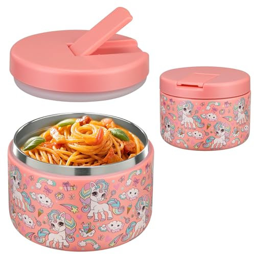 Pawtong 12oz Insulated Vacuum Food Jar with Buckle Lid Wide Mouth Soup Thermo for Hot Food Kids Leakproof Stainless Steel Lunch Container (Pink-Horse)