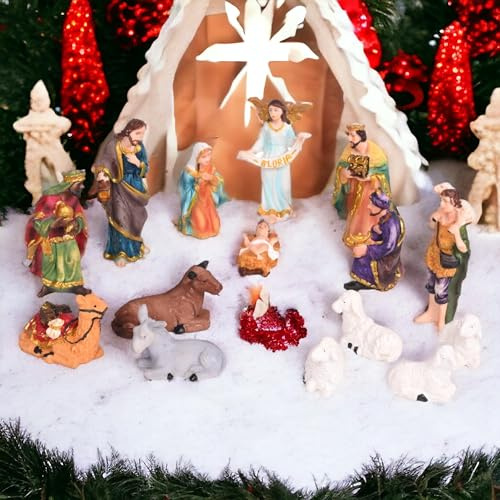 KariGhar® 15-teiliges Krippen-Set, perfekt als Weihnachtsgeschenk, Dekoration (Packung – Maria, Josef, Jesuskind, Engel, 3 weise Männer, Schäferhund, 7 Tiere (7,6 cm (mehrfarbig, A0139))