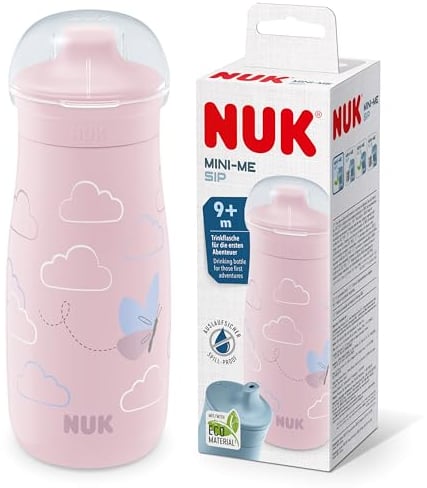 Gobelet NUK Mini-Me pour bébé | 9+ mois | 300 ml | Biberon pour enfant | Bec renforcé anti-fuites | Résistant aux chocs | Papillon rose