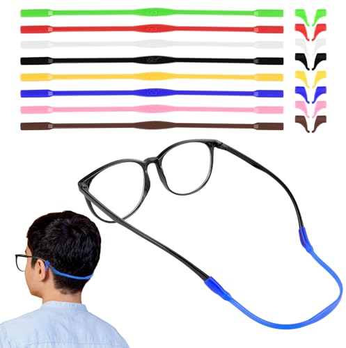 Amaxiu Confezione da 8 fasce per occhiali per bambini con 8 paia di ganci per orecchini, in silicone antiscivolo, supporto elastico per occhiali da sole, per bambini sportivi (multicolore)