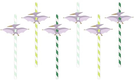 6 Pterodactyl Dinosaur Paper Straws, Dinosaur Birthday Party Tableware, Green Striped Paper Straws, Childrens Birthday Party