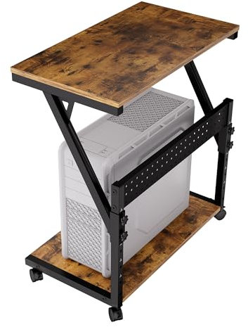 Faesun Computer Tower Cart - Height Adjustable PC Stand, 2-Tier ATX-Case CPU Holder Home Office Gaming Desk Accessories with Rolling Lockable Wheels, Laptop Table Standing Computer Desk, Rustic Brown