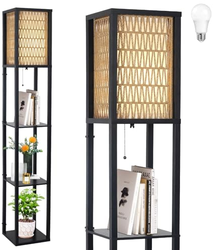 Rayofly Lampe de Salon en Bois, Lampadaire Vintage avec Etagère, Lampadaire Boho avec Abat-jour en Rotin et Ampoule, Lampadaire en Rotin avec Interrupteur à Cordon, Lampadaire pour Chambre, Bureau