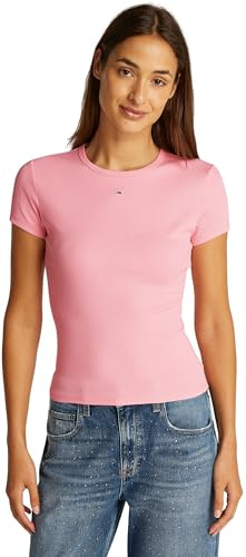 Tommy Jeans Damen T-Shirt Kurzarm Essential Rib Slim Fit, Rosa (Pink Sugar), XL