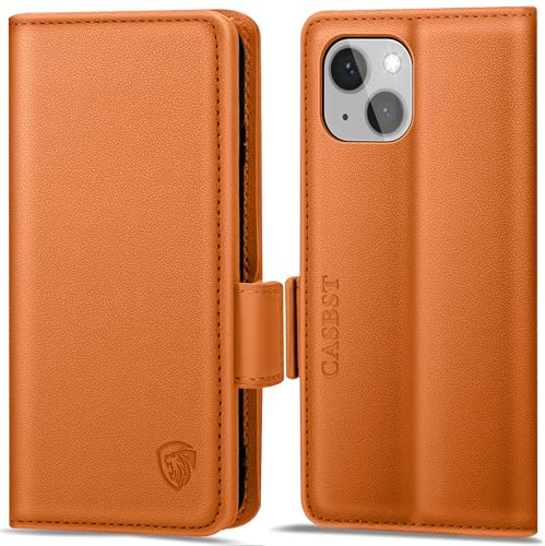 CASBST Handyhülle für iPhone 15 Hülle Premium Leder Schutzhülle Klappbar mit Kartenfach Ständer Magnet für iPhone 15 Handytasche mit RFID Kameraschutz Flip Case Klapphülle für iPhone 15 Orange