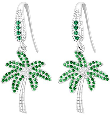 Zircobic Palm Tree-Design Pendant Earring Set with Green CZ| Silver Plated Chain | Brass material | Resort Seaside Style Gift Earrings for Her | 1.57 Inches Long | YA4828