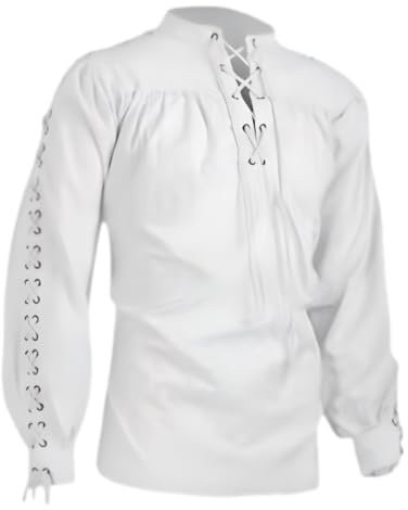 VDDTAGAM Tenue Halloween Homme Chemise Pirate Deguisement Pirate Homme Chemise Col Mao Homme Chemise Blanche Homme Chemise Pirate Cosplay Homme Costume Viking Chemise Homme Manches Cou(White,L)