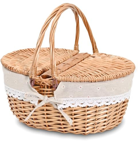 Picknickkorb aus Weidengeflecht mit herausnehmbarem Einsatz, leere Picknickkörbe mit Deckel, Picknickkorb mit faltbaren Griffen, für Picknick, 2, Blumen