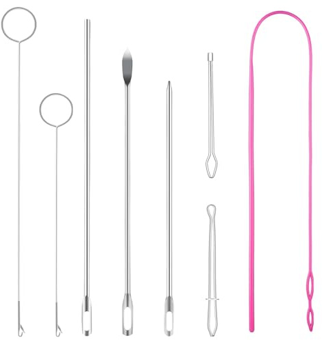 Juego de 8 herramientas de enhebrador de cordón de acero inoxidable, herramienta de costura de bucle largo, kit de costura con clip de cuerda para chaquetas, abrigos, pantalones y sudaderas con