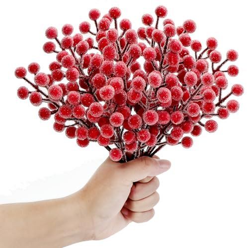 KKSTY 16 Pcs Artificial Frosted Berries Stems - 8'' Iced Berry Pick Holly Berries Sprays Filler Branch for Christmas Tree Decoration Wreath Making Supplies DIY Crafts Holiday Home Decor (Red)