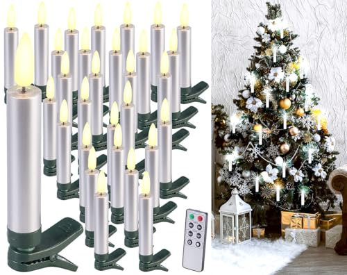 Lunartec Weihnachtsbaumbeleuchtung: 30er-Set LED-Weihnachtsbaumkerzen mit Dochten und Flammen-Effe, Silber (Weihnachtsbeleuchtung, LED Kerzen, Weihnachtsbaum)