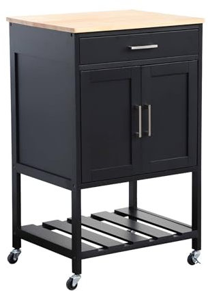 sweeek - Desserte de cuisine noire BENDOR plateau en bois d'hévéa. 56 x 46 x 90 cm. 4 roues. 1 tiroir. 2 étagère. 1 double porte. style contemporain