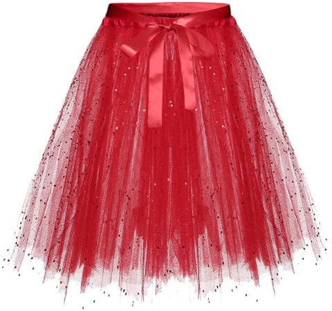 Roter Tüllrock, Tüllrock Damen Glitzer - Tütü Rock 50er Karneval Kurz Tutu Pailletten Tüll Rock Jahre Retro Elastisch Ballet Tanzrock Rockabilly Petticoat Unterrock Gelegenheit Zubehör Tanzkleid