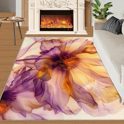 Aquarell-Blumen-Teppich für Mädchen-Schlafzimmer, 160 x 230 cm, rutschfest, waschbar, Flora-Zeichnung, für Damen, weicher, niedriger Flor, Frühlingsfarben, Retro-Blumenmuster