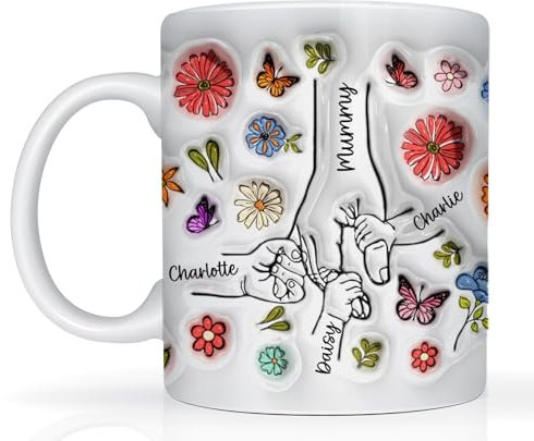 Star Online Personalised Mummy Mug Kids Name Holding Hands Mothers Day Gift Mum Flowers Hand Print Gifts for Grandma Nana 11oz Ceramic Coffee Cup (Mum Hands 3)