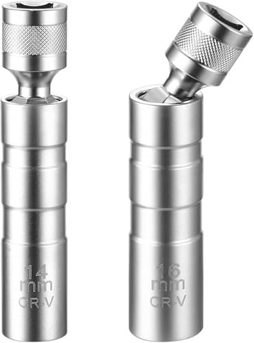 FIXTOOLS 2 Pcs Wall Spark Plug Socket Set, 4mm & 16mm Magnetic Swivel Spark Plug Wrench with Universal Joint, 3/8 Inch Drive 12-Point Socket Tool for Car Engine Repair & Spark Plug Removal