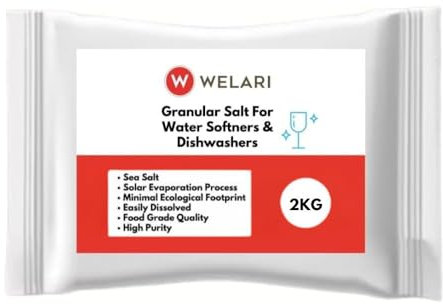 Welari Granular Salt for Water Softeners & Dishwashers 2kg High Purity Sea Salt Easily Dissolved for Household Commercial Appliance Machines | (1pack) (2kg)