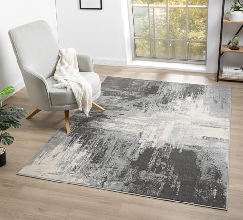 Obsidian Abstract Traditional Low Pile Modern Area Rug, Grey, 160x230cm