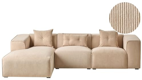 Beliani Right Hand Corner Sofa Corduroy Upholstery Extra Scatter Cushions Beige Dolva