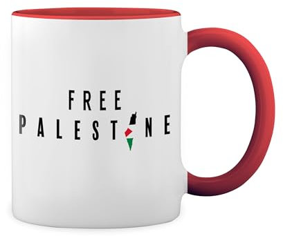 Free Palestine Flag in The Heart White Coffee Mug with Red Rim & Handle