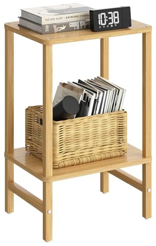 YUFAM Industrial End Tables for Living Room, Natural | Tall Side Table with 2-Tier Open Shelves & Rounded-Edge Tabletop & Non-Slip Feet