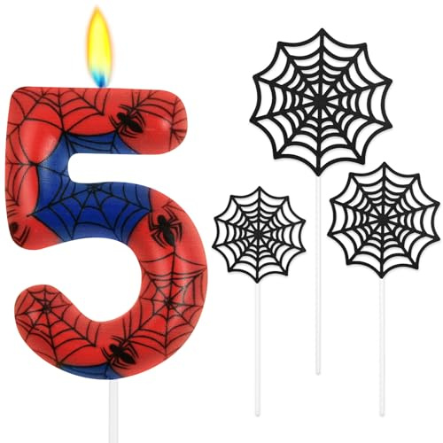 Alaoo Spider Theme Party Candles, Birthday Number Candle with 3Pcs Spider Web, Cake Topper Candle for Boys Girls Themed Birthday Halloween Party Decorations (Number 5)