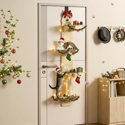 Katzentür-Aufhänger, 4-stöckiger vertikaler Katzenbaum über der Tür, hängende Katzenregale mit Kratzpfosten, Kletterpads, Spielball, Katzenmöbel für Innenräume, türmontierter Baum, 170 cm
