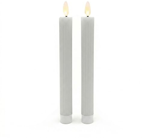 Relaxdays LED Stabkerzen, 2er Set, HxD: 25 x 2 cm, flackernde Flamme, Echtwachs, Rillen, flammenlose Kerzen, hellgrau