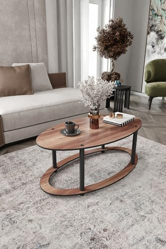 Hanah Home Modern Walnut Coffee Table, 60 x 40 x 38 cm | 100% MDF with Compressed Kraft Legs | Stylish Industrial Design for Living Room & Office