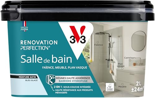 V33 Peinture Rénovation Perfection® Salle de Bain Bleu Glacé Satin 2L | Haute Adhérence - Barrière Hydrofuge - Sous-Couche intégrée - Ecolabel - Faïence - Meuble - Plan Vasque