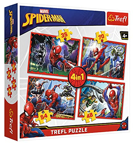 Trefl, Puzzle, Im Netz von Spiderman, Marvel Spiderman, von 35 bis 70 Teilen, 4 Sets, für Kinder ab 4 Jahren