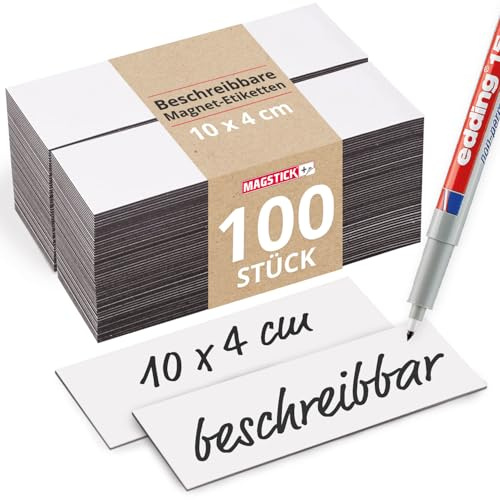 100 beschreibbare Magnet-Etiketten Magstick® I 10 x 4 cm weiß I magnetische Beschriftungsfolie beschreibbar Magnet-Streifen zum Beschriften I mag156