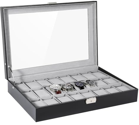 Mbuynow Uhrenbox 24 Uhren Uhrenkoffer Herren Uhrenbox Damen Uhrenkasten Herren Uhrenvitrine abschließbar für 24 Uhren aus kunstleather