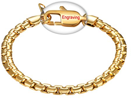 PROSTEEL Herren personalisiert Armband Edelstahl Venezianierkette Box Kette Armband 6mm Breit Fashion Name Gravur Kettenarmband Armkette für Männer Jungen, Länge 22CM, Gold