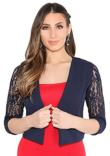 KRISP Women Lace Back 3/4 Sleeve Open Shrug Bolero (Navy, 18) 5159-NVY-18