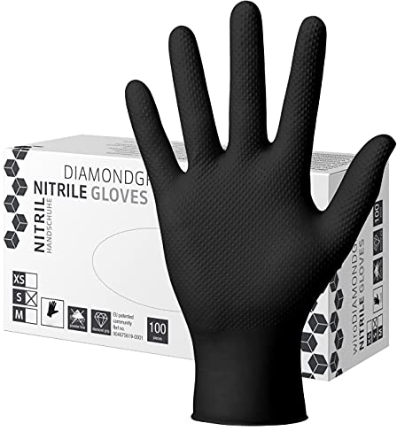 Herrmann Nitril Handschuh DiamantGrip Schwarz | Gr. S - 100 Stück | Perfekter GRIP Einweg Montage Schutzhandschuhe puderfrei latexfrei | Diamanttextur Nitril-Handschuhe