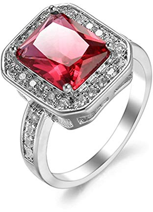 Banemi Ring Modern Damen, Zarter Ring Damen Versilberter Rot Zirkonia Rechteckig Damen Partyschmuck Größe 60 (19.1)
