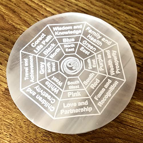 crystalmiracle Natural Selenite 3 Round Etched Charging Reiki Plate Crystal Healing FENG Shui Gemstone Wellness