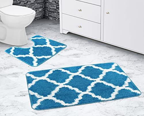 La Maison Bathroom Rug Set 2 Piece Lattice Geometric Non Slip Bath Mat and Pedestal Mat Set Quick Dry Shower Bath Super Soft Toilet Mat Set (Teal)