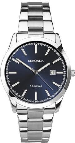 Sekonda Herren Quarzwerk Armbanduhr, 43.00mm GehäusegröÃŸe mit blau analog Zifferblatt und Silber Metall Armband 1943