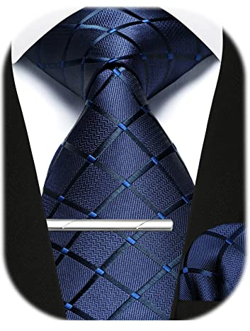 Enlision Herren Krawatten und Einstecktuch krawattenklammer Set Marine Karierte Krawatte Taschentuch Krawattennadel Für Männer Business Hochzeit,Marine,Einheitsgröße