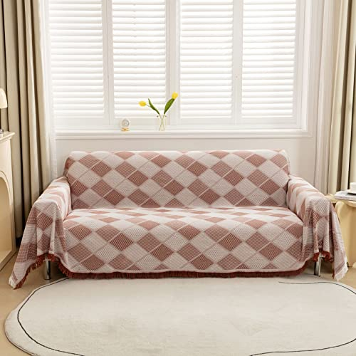 LHGOGO Rautenmuster Sofaüberwurf Decke Umkehrbare großer Couch Überwurf Sofa Cover dekorativer Sofabezug Sofadecken zum Abdecken Tagesdecke mit Quasten - Ziegelrot, 180x230cm