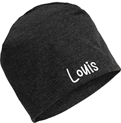Personalisierte Kindermütze, Beanie für Kinder mit Wunschnamen, für Jungs, Mädchen, Unisex aus Baumwolle/Jersey (Dunkelgrau meliert)