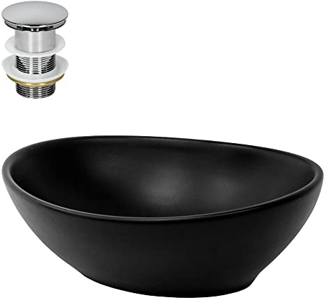 ML-Design Waschbecken aus Keramik in Schwarz matt 41x33,5x14,5cm cm inkl. Ablaufgarnitur, Ovale Aufsatzwaschbecken, Moderne Waschtisch Waschschale Waschplatz Handwaschbecken, für Badezimmer/Gäste-WC