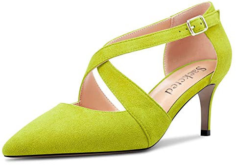 Saekcted Mujer Medio Aguja Heel Puntiaguada Punta Pumps Correa Tobillo Correa Cruzada Cierre con Hebilla Fiesta Dress Zapatos Verde Lima Ante 37 EU