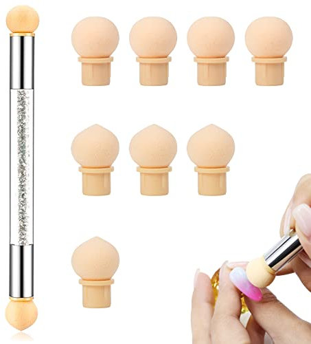 Nail Art Brosse Éponge, Double Tête Éponge Brosse à Ongles, Dégradé Nail Art Brosse avec 8 têtes de rechange, Double Tête Brosse Eponge, Nail Art Brosse Éponge, Brosses à Ongles Éponge à Double Tête