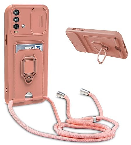 YFSYLL Funda con Cuerda Compatible con Xiaomi Redmi Note 9,Ajustable Collar de Cuello Cordón Carcasa de Silicona,Protección de la cámara Funda,Anillo Soporte,Ranuras para Tarjetas,Pink