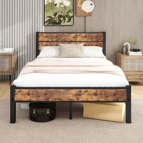 DUMEE Double Bed Frame with Wooden Headboard and Footboard, Metal Wooden Bed Frame 4ft6 Under Bed Storage, No Box Spring Needed, Enhanced Support Noise Free (Black+Brown Oak)